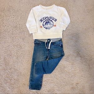 Baby Gap White Fossil Crewneck Sweatshirt + Medium Wash Jeans 18-24 M